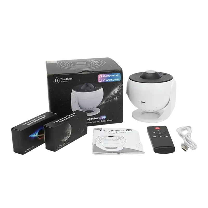 White and black bl-dqy02 pro bluetooth galaxy projector with 12 in 1 film discs white noise and 360° rotation features