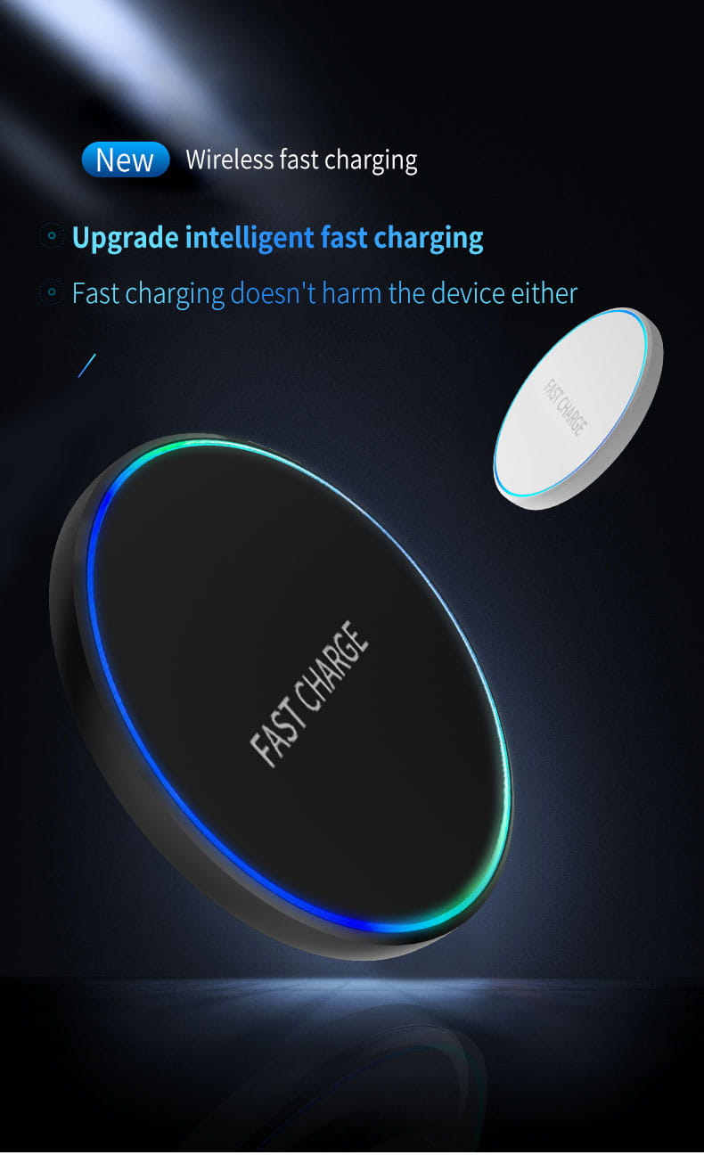 Black circular wireless fast charging pad with a glowing blue LED ring and fast charge text on the surface for phone watch and earphones.