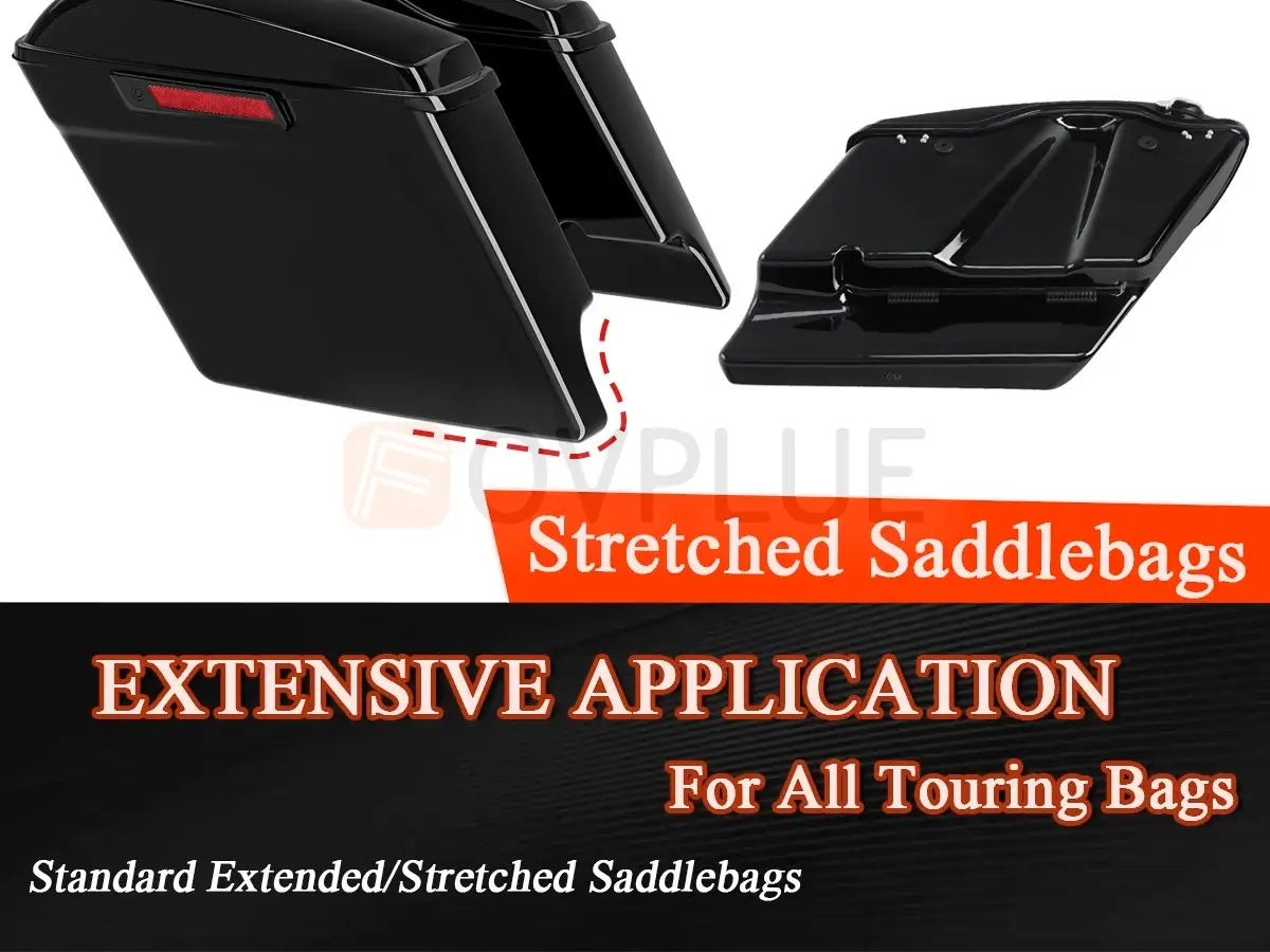 Black stretched Harley touring saddlebags with a sleek glossy finish and integrated red taillight shown from the back side with support grommet kit for 1993 and up models.
