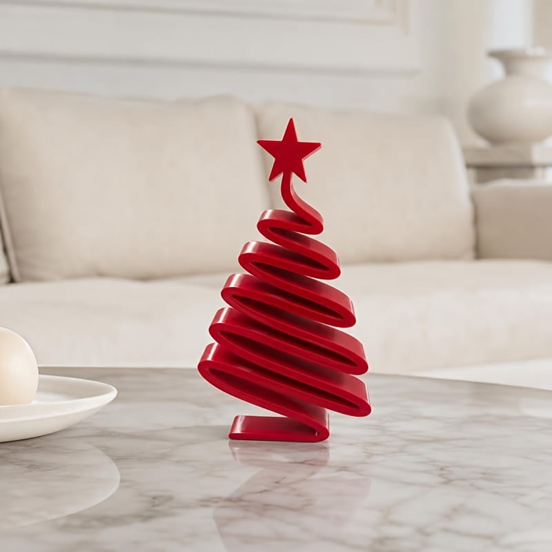 Eine elegante moderne Keramikskulptur eines lebhaften roten Spiralen-Weihnachtsbaum-Ornaments mit passendem Sternaufsatz, entworfen als Desktop-Dekoration.