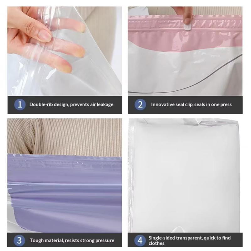 Transparent plastic vacuum storage bags pa+pe with pink and purple accents featuring a double-rib design for airtight space saving organization.