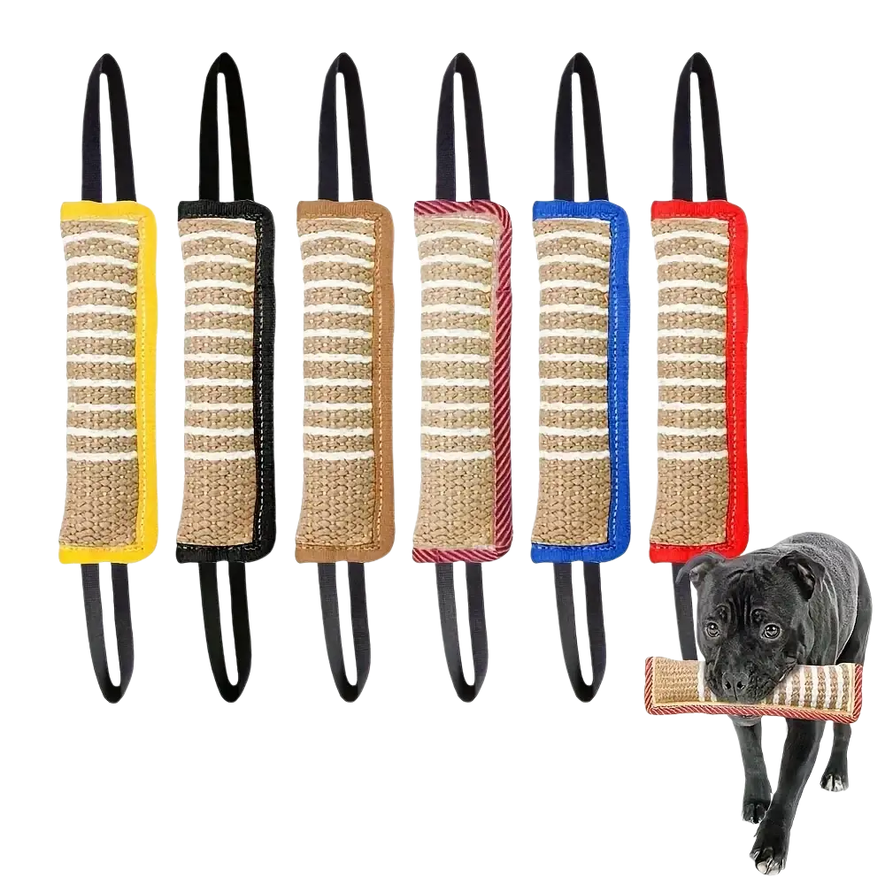 Front view of red and beige striped durable jute dog chew toy with black handles for pet dental health care toys type