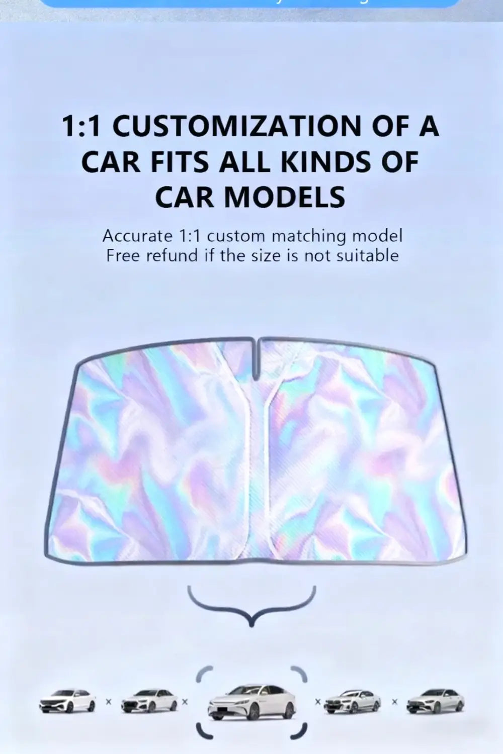 iridescent holographic-patterned car windshield sun shade with a reflective shimmering surface designed for 5-layer uv protection and foldable convenience