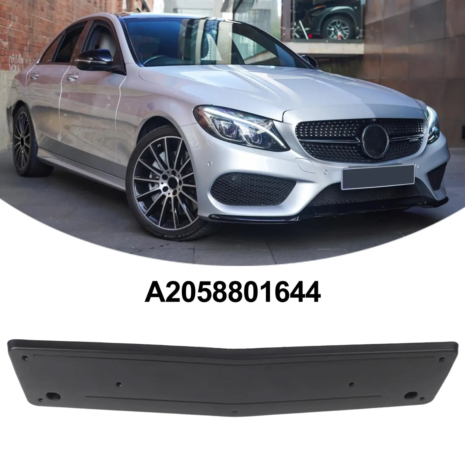 Black plastic front license plate mount bumper cover for Mercedes C Class W205 with part number A2058801644.