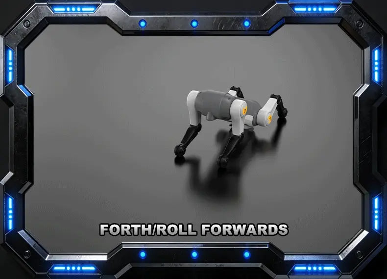 Gray and white robot dog remote control toy with black legs and yellow circular accents on its joints showing product size and detailed design.