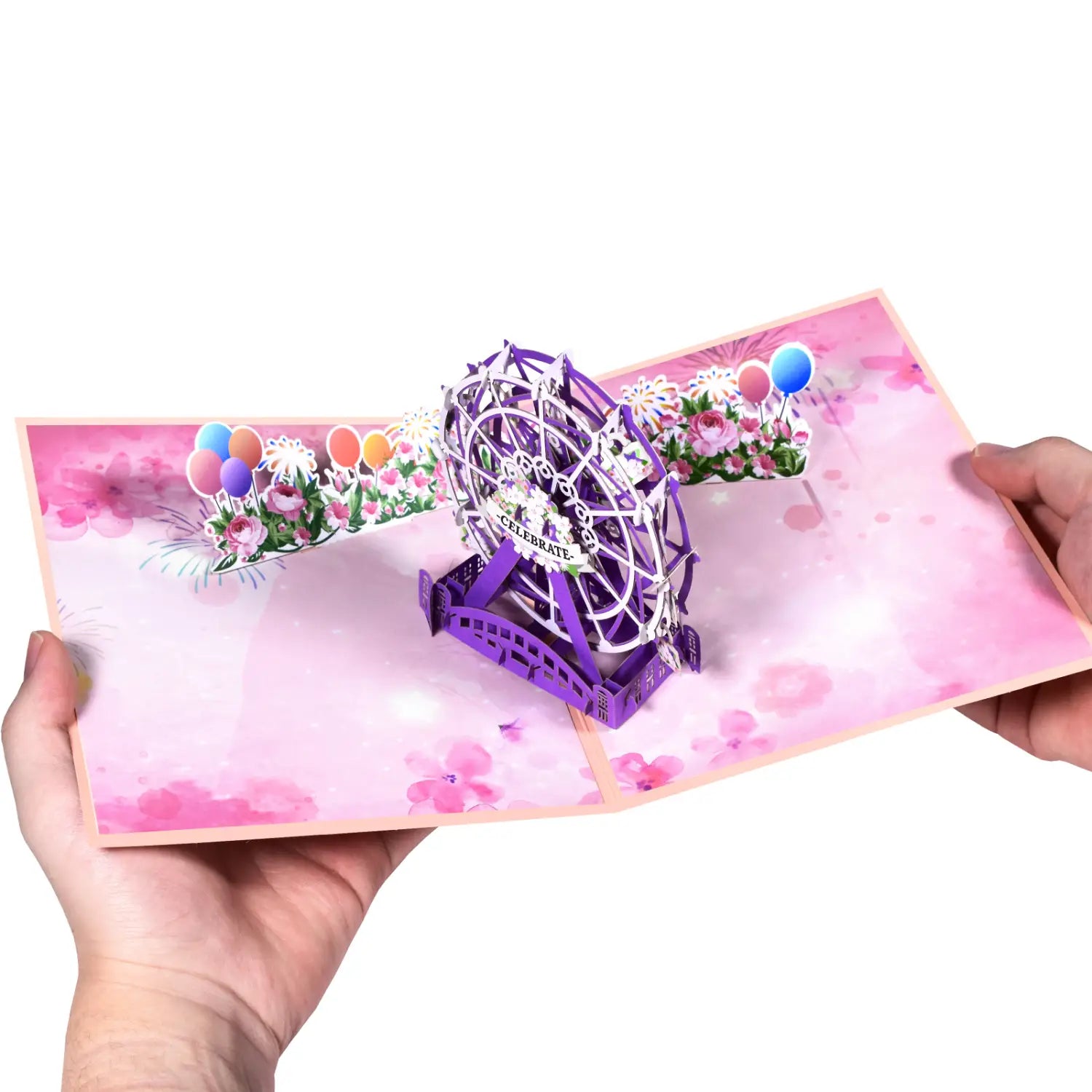 Carte de la Saint-Valentin 3D à effet pop-up vibrante violet et blanc, présentant un design de grande roue détaillé avec des ballons colorés et des décorations florales, pour un ensemble de salutations romantiques en couple.