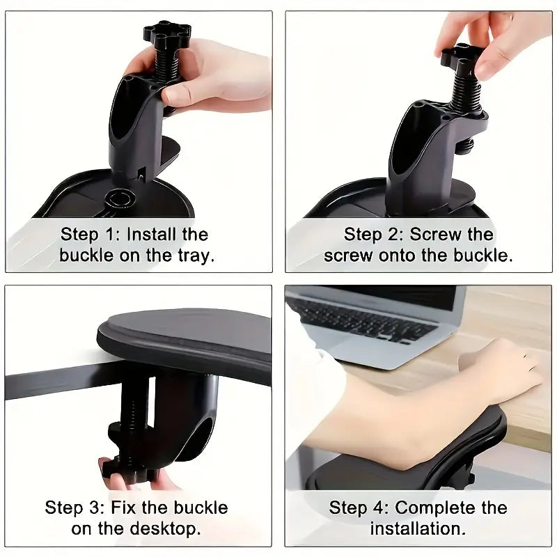 Black ergonomic desk armrest extender with adjustable clamp and padded design for comfortable desk use.