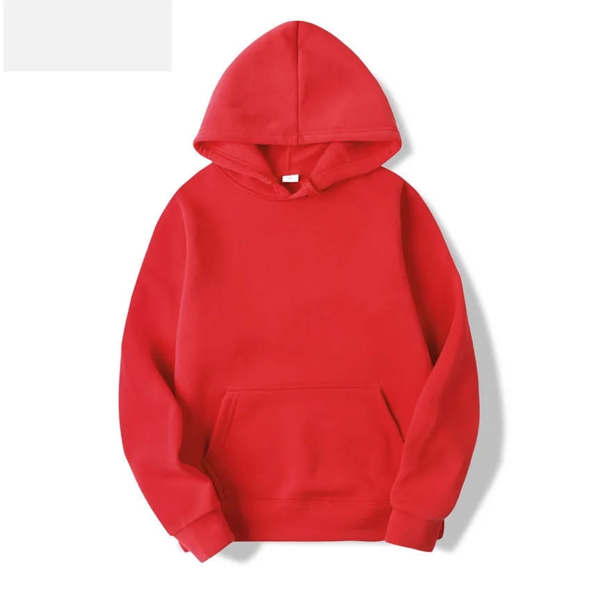 Sweat-shirt à capuche zippé en molleton épais rouge vif, en coton uni, avec poche avant et capuche à cordon de serrage.