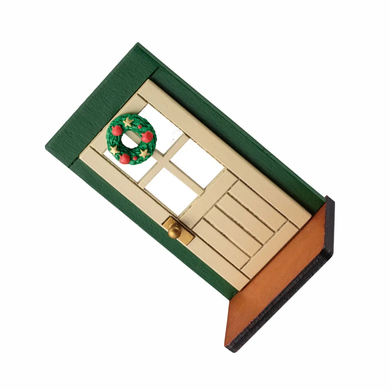 Ornement mural de porte de Noël miniature présentant un cadre vert, un parement beige, des accessoires dorés et une décoration de couronne miniature.