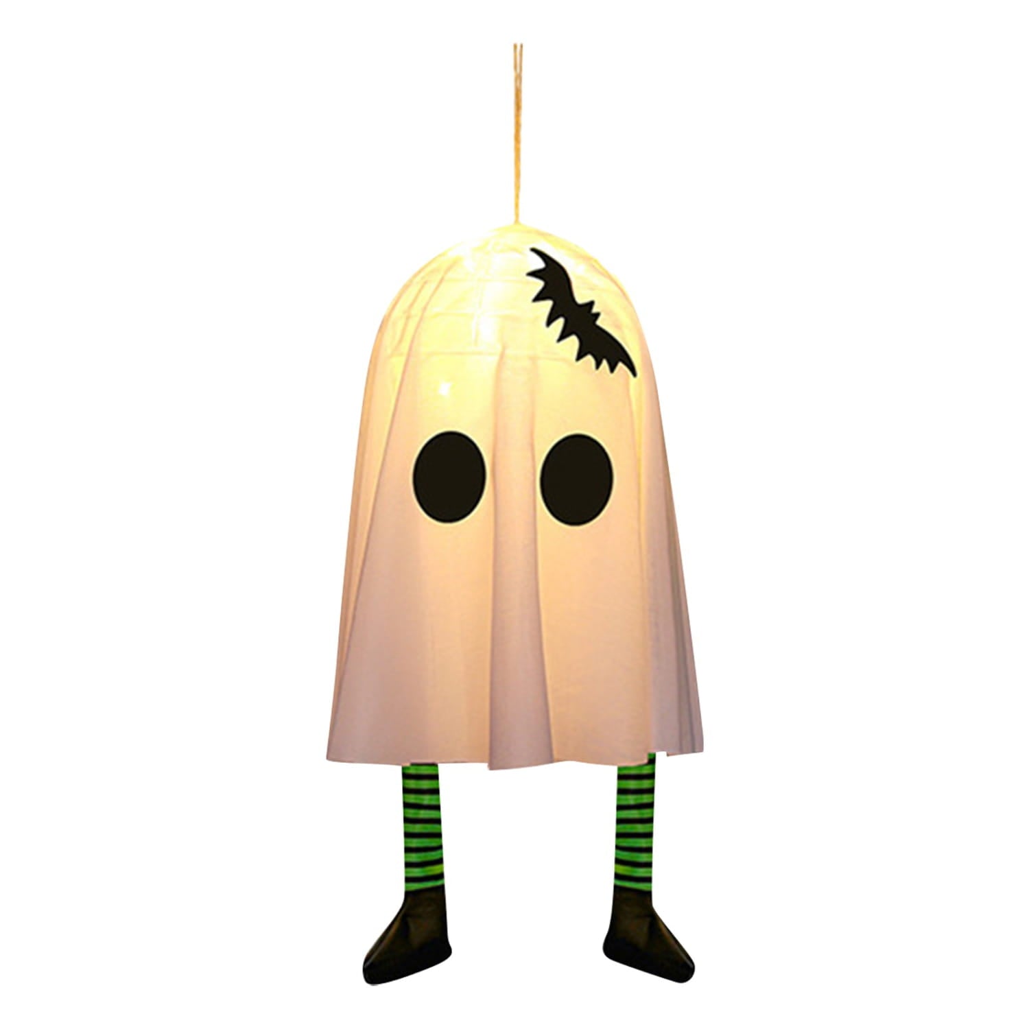 Ein leuchtender durchscheinend-rosa geisterförmiger Halloween-Party-Dekorationsanhänger mit schwarzen runden Augen und einer Fledermaus-Silhouette auf dem Kopf, mit Märchenlichtern.