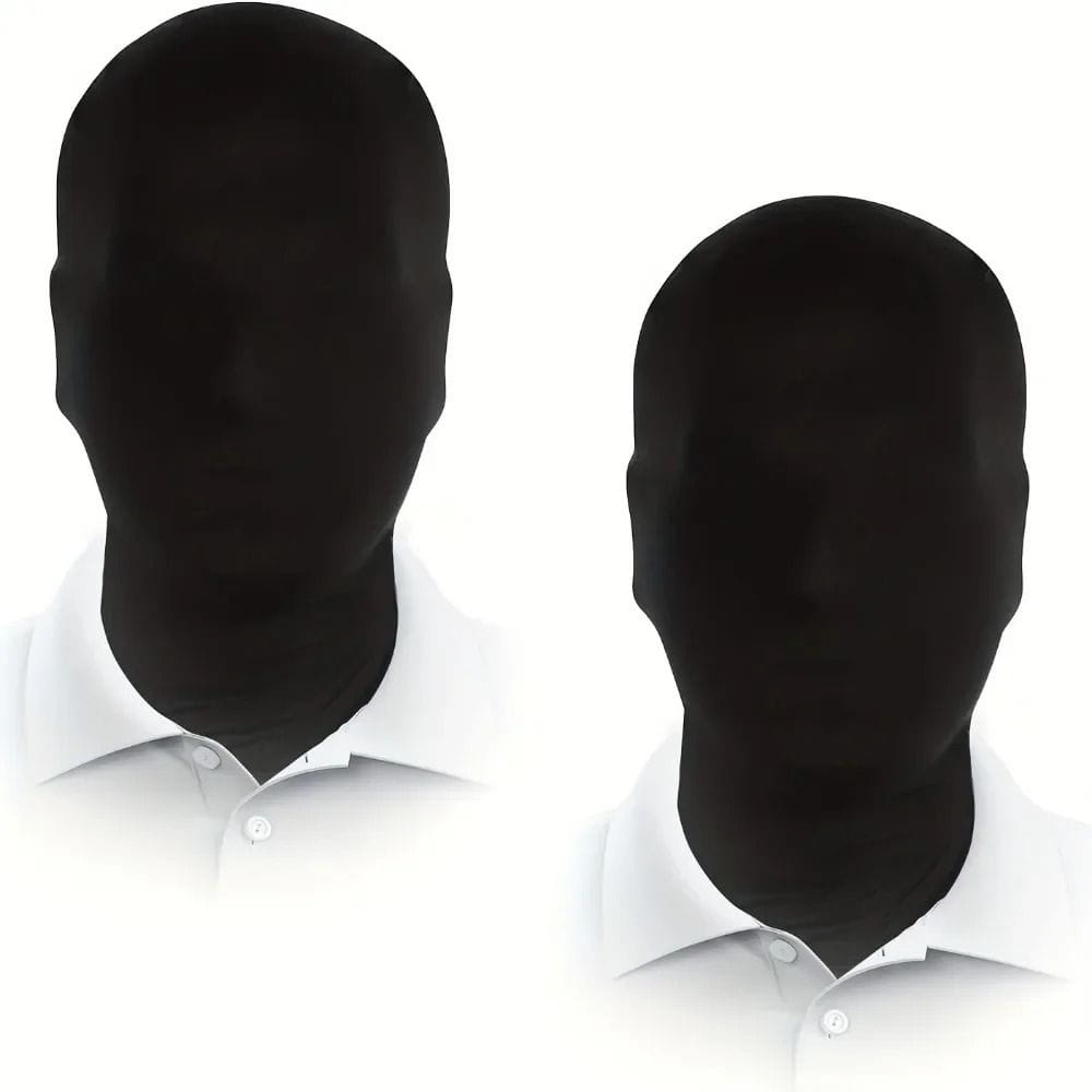 black spandex full face masks in a 2 pack worn as black silhouette head coverings over white collared shirts