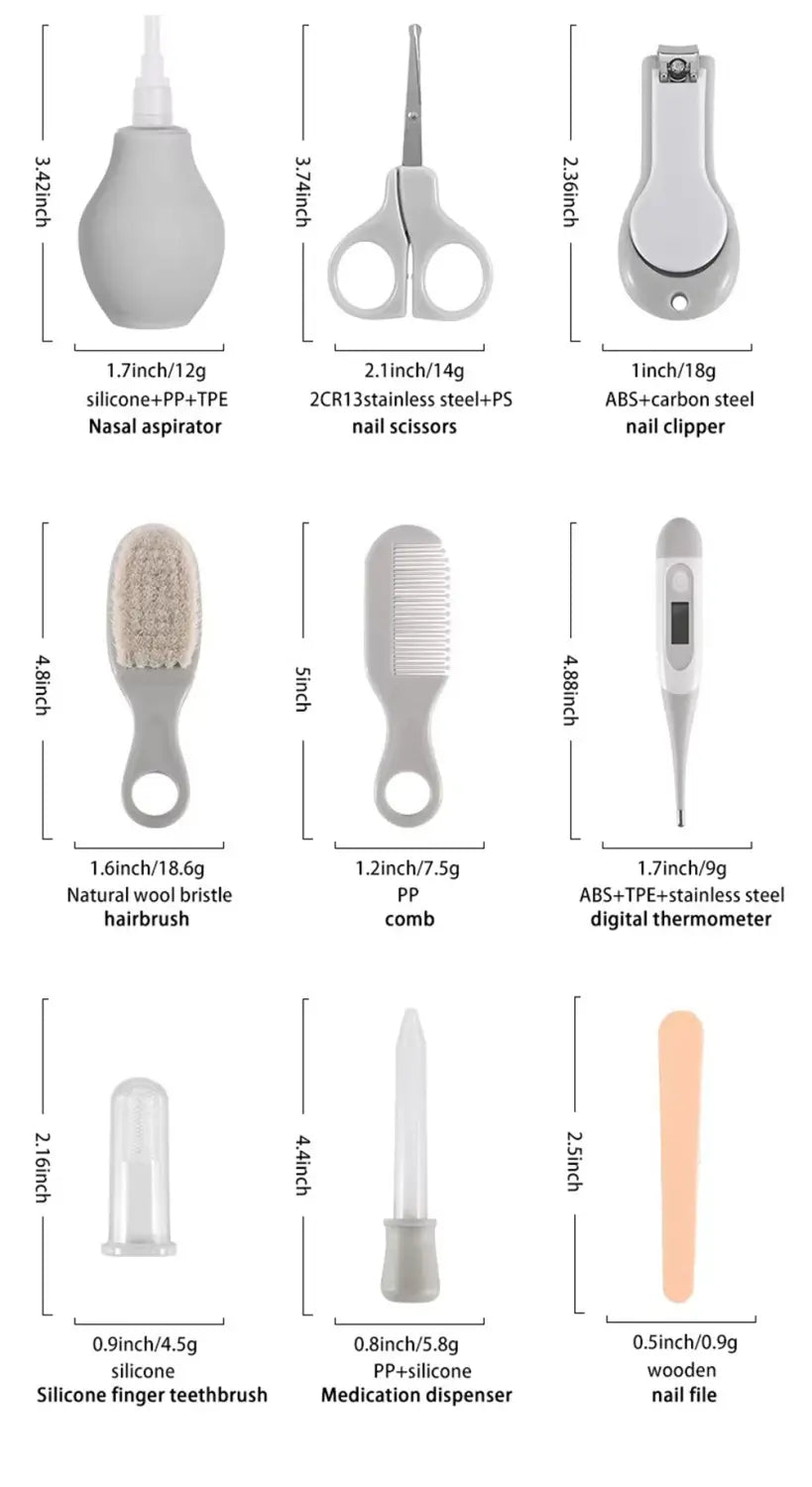 Das Bild zeigt ein Baby-Pflege-Set für Neugeborene mit wichtigen Pflegewerkzeugen wie einem Nasenabsauger und einer Nagelschere, ausgelegt für eine sanfte und sichere Anwendung.