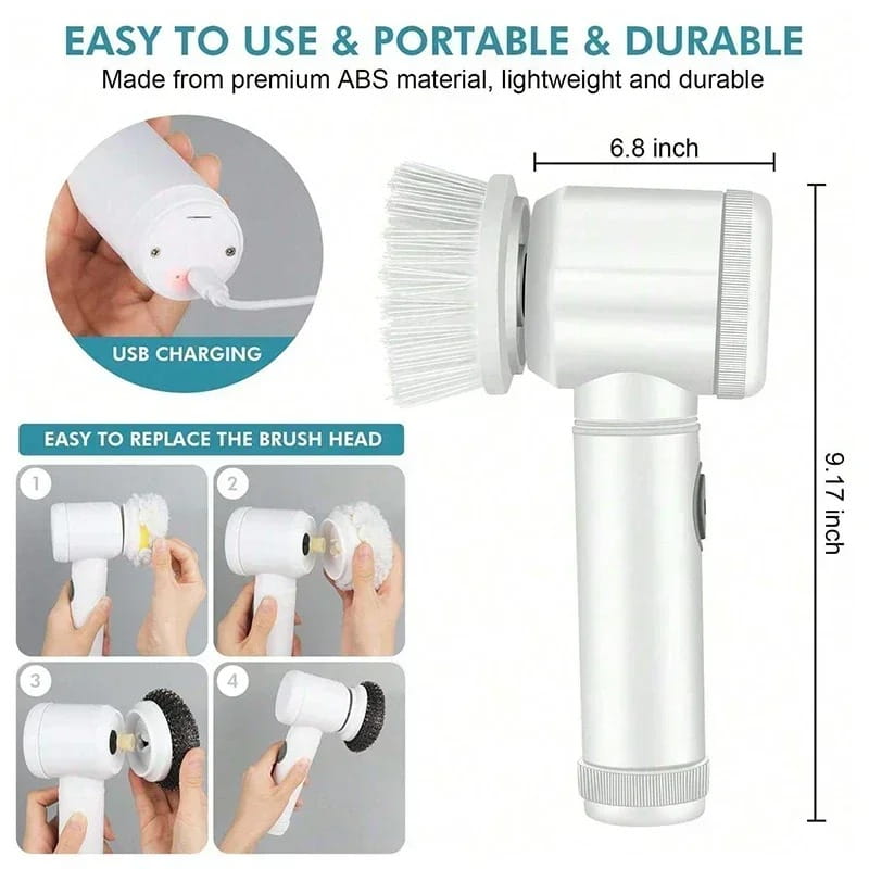 Cepillo de limpieza eléctrico de giro recargable por USB, color blanco, fabricado con material ABS de primera calidad, con cabezales de cerdas intercambiables.