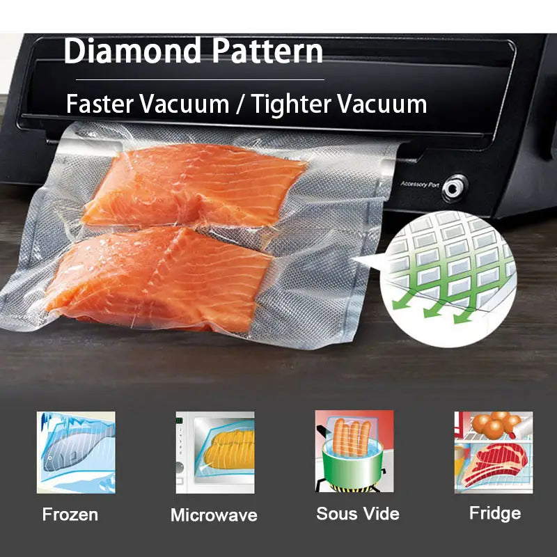 black vacuum sealer with diamond pattern design sealing two orange salmon fillets in clear food vacuum storage bags from food vacuum sealer rolls 500cm product.
