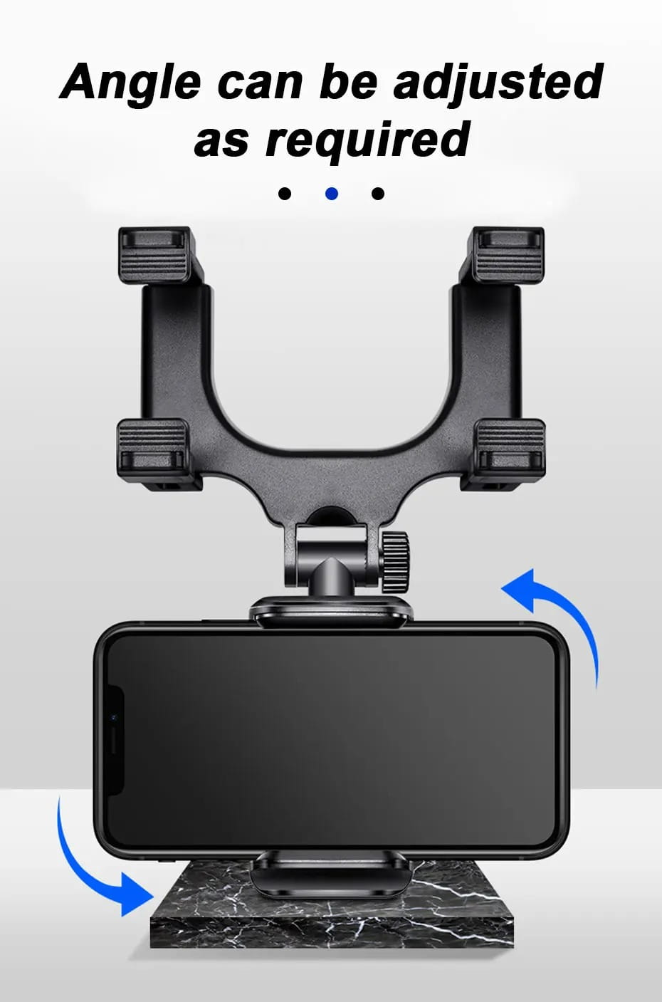 Black adjustable car phone holder with a sturdy u-shaped design and textured grip surfaces for rearview mirror mounting viewed from the front.