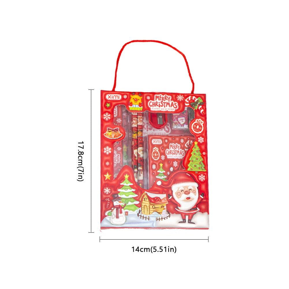 Red christmas-themed gift bag with handle and transparent front panel featuring festive illustrations of santa claus snowmen and decorated trees for space theme cartoon kids stationery set.