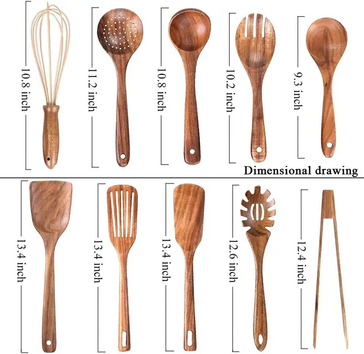 Set of wooden kitchen utensils with natural wood grain and smooth rounded handles for cooking made from natural wood.