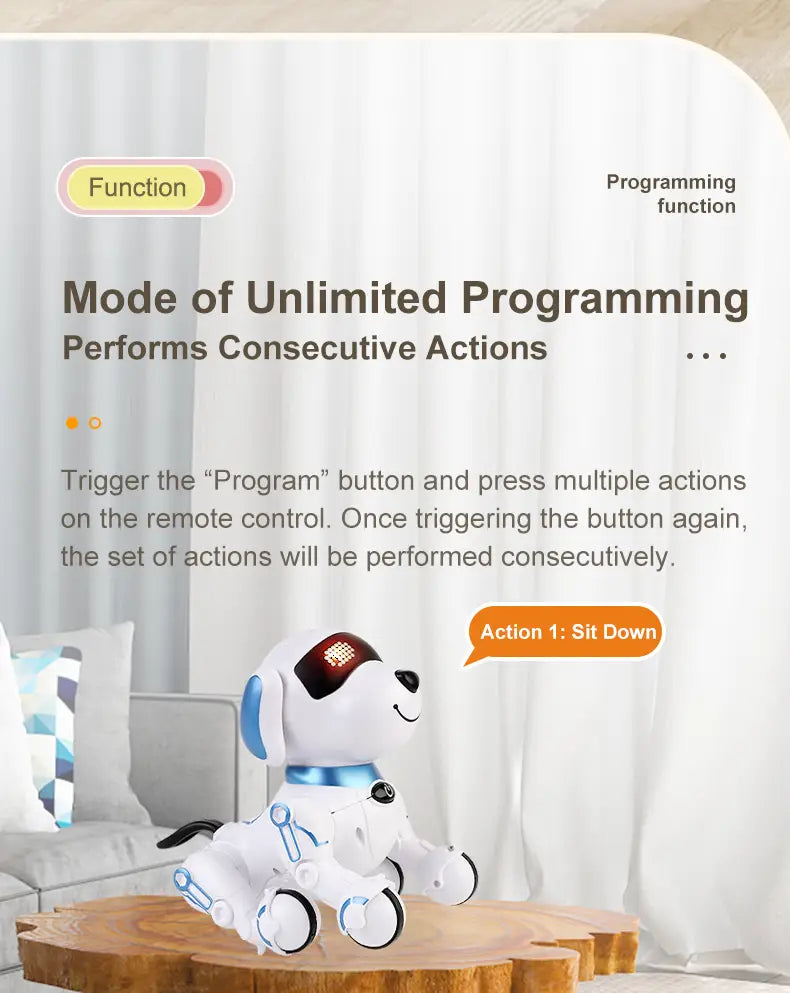 White robotic dog toy with blue accents and glowing red eyes featuring programmable actions in rc robot dog interactive smart electronic stunt pet.