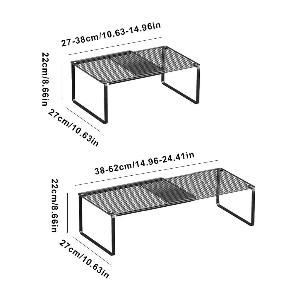 Étagère en treillis de métal noir et acier au carbone, avec cadre rectangulaire et deux dimensions réglables pour un organisateur d’étagère d’armoire empilable.