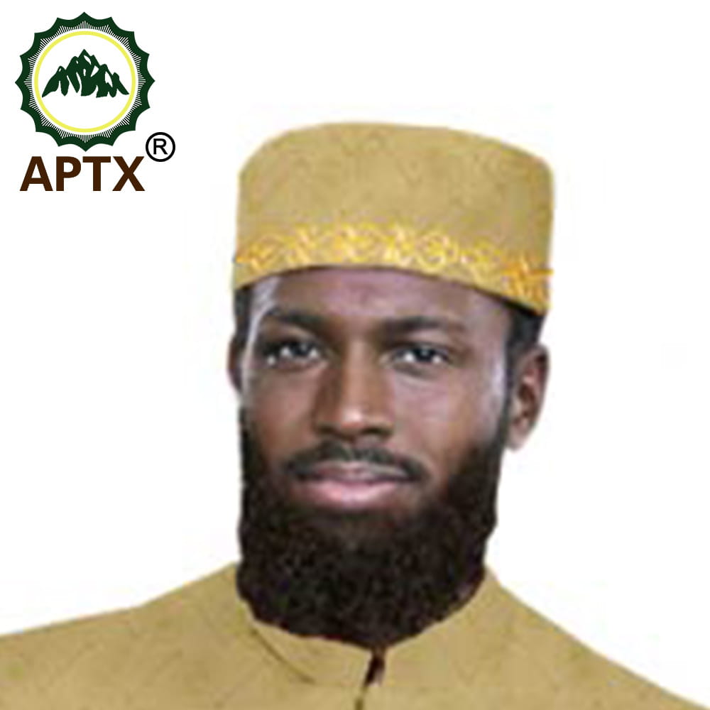 Gold bestickte muslimische Gebetsmütze mit einer goldfarbenen Kappe und einem dekorativen goldfarbenen Band.