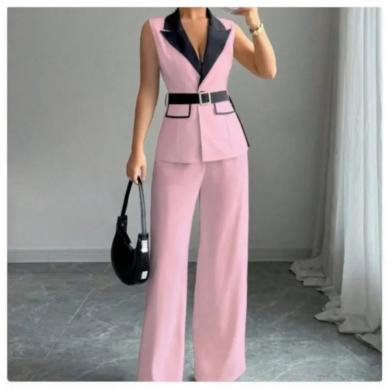 Women's Office Lady Ensemble Outfit Autumn Sleeveless Straight Leg Pants Set Classy Bandeau Elegant Style Top And Vest 2 Set