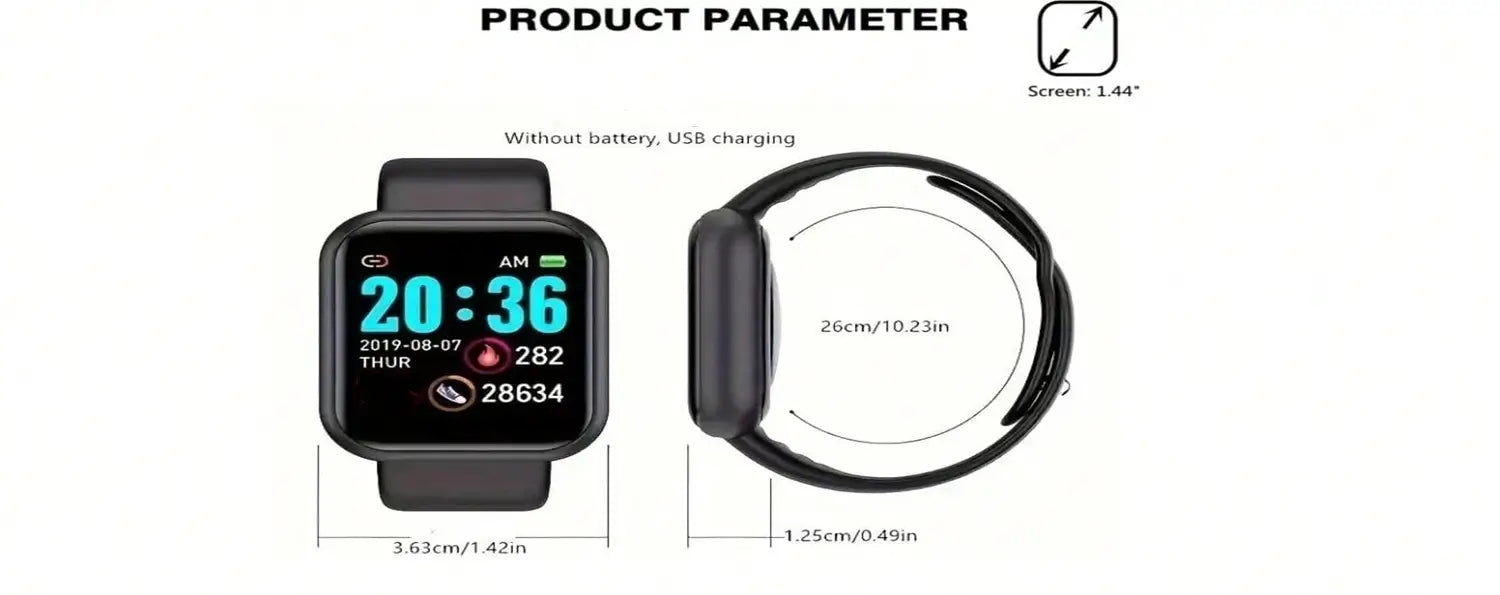 Schwarzer Smartwatch-Fitness-Tracker Bluetooth-Sportarmband mit schlankem rechteckigem Gesicht und passendem Armband; mit einem 1,44-Zoll-Display, das Uhrzeit und Fitnessdaten anzeigt.