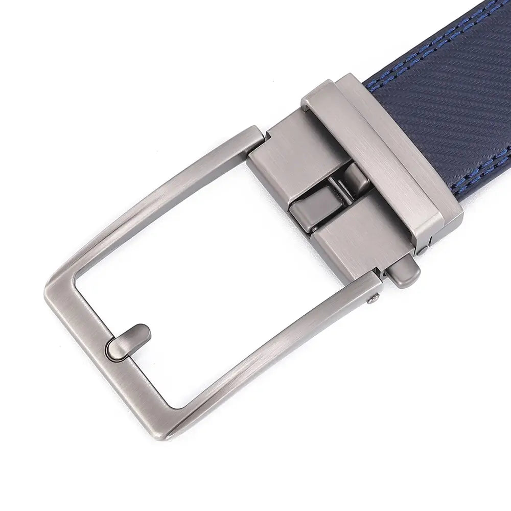 Silver-toned automatic buckle leather mens belt with a textured navy blue leather strap.