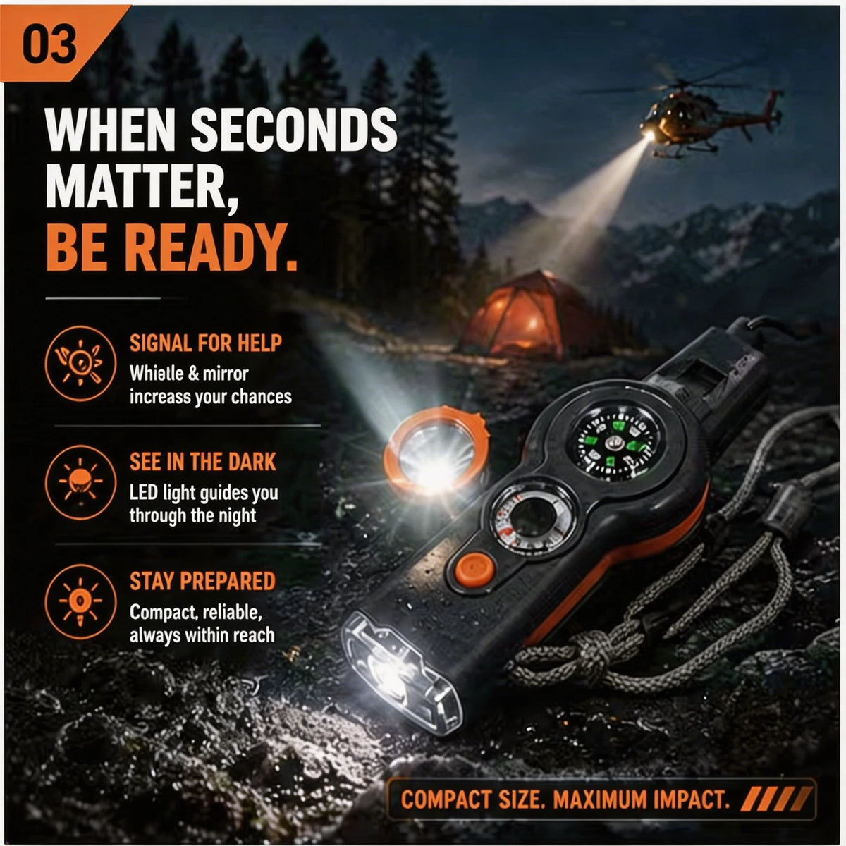 Camping Hiking 7in1 Outdoor Multifunctional Survival Whistle Flashlight Compass Thermometer Magnifier Reflector Glass Magnifying