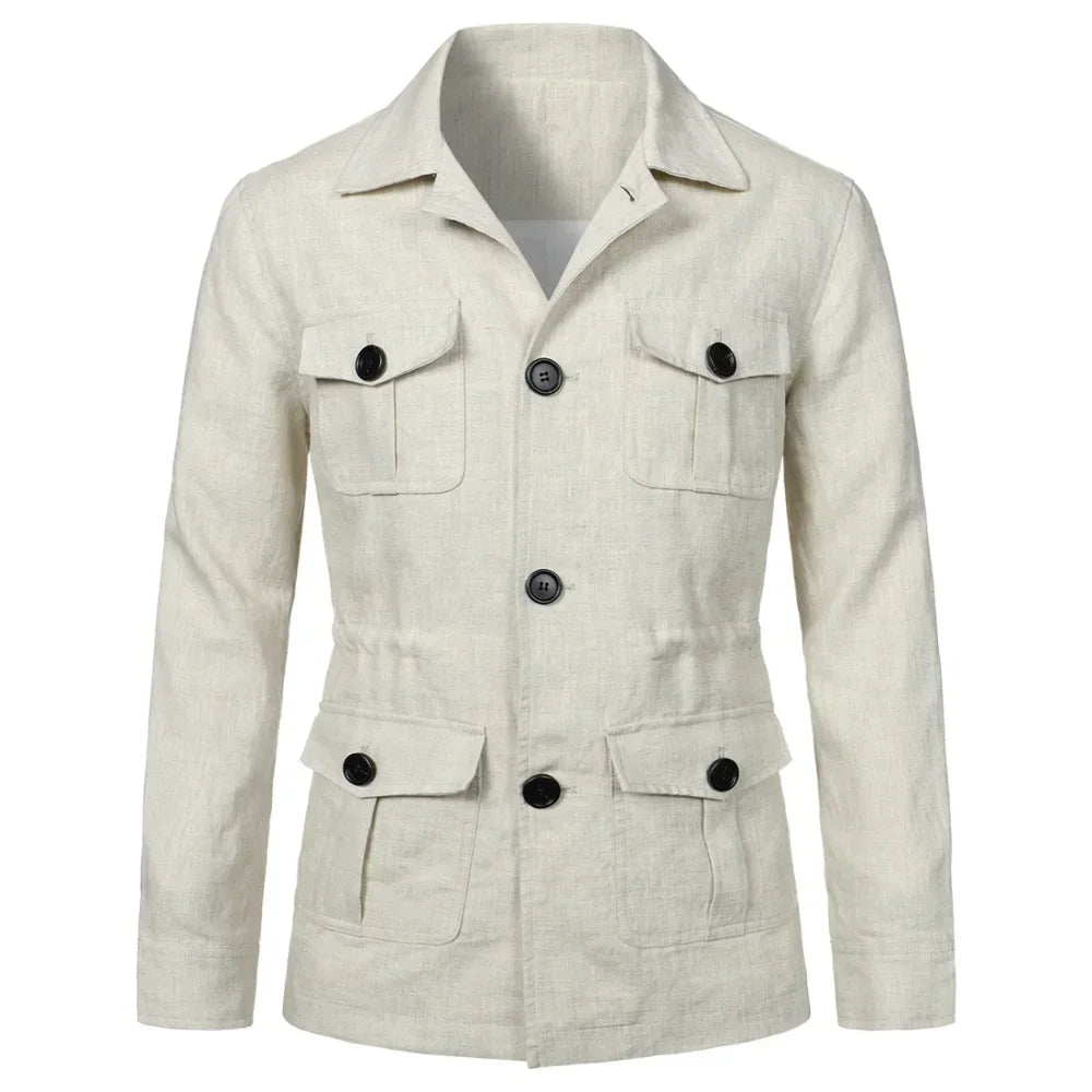 Mens Coats Safari Jacket Linen British Retro Gentry Suit Pockets Outerwear Fashion Solid Color Male Tops Ropa Hombre
