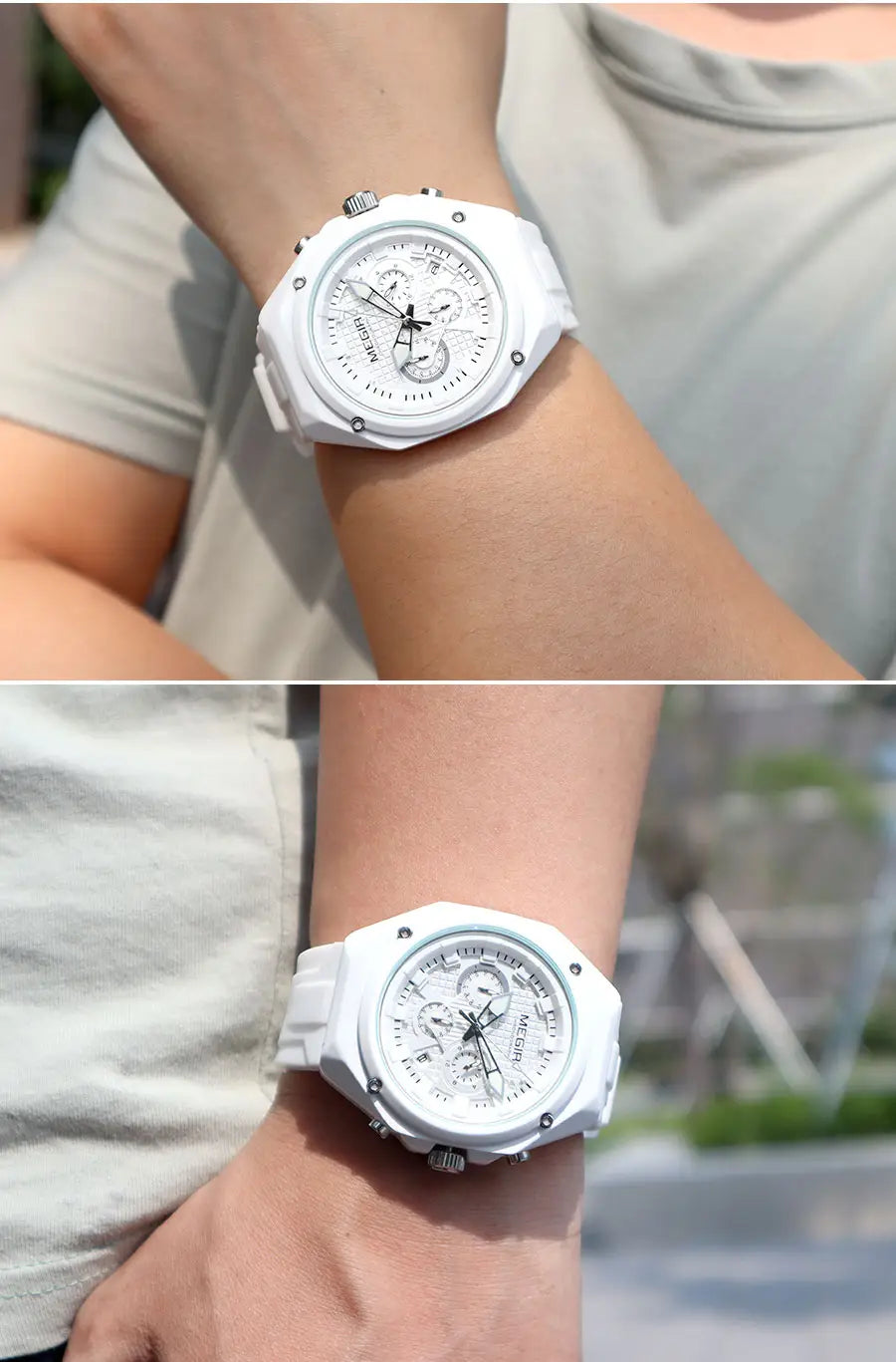 White ceramic megir sport chronograph watch featuring a sleek modern design with silver-toned accents and a silicone strap