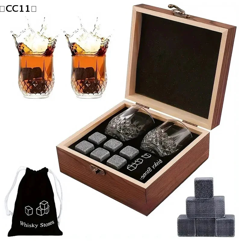 Father'S Day Gift Whiskey Stones Set 8 Pcs Granite Ice Cubes+ 2 Pcs Cups For Whisky In Wooden Bottle Box Present For Dad〔CC11〕