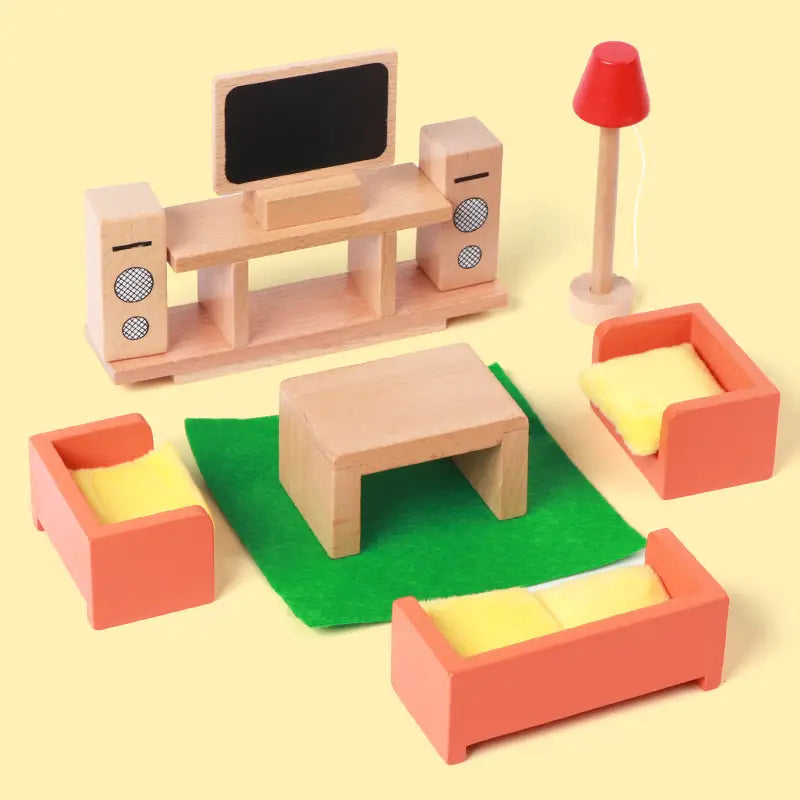 Holz-Puppenhaus-Möbelset mit einem Wohnzimmer-Set aus orangenen Holzmöbeln und gelben Kissen für Kinder als Miniaturspielzeug