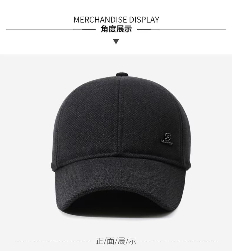 casquette de baseball d’hiver pour homme à rabats d’oreilles en laine texturée noire, avec petit logo brodé sur le côté