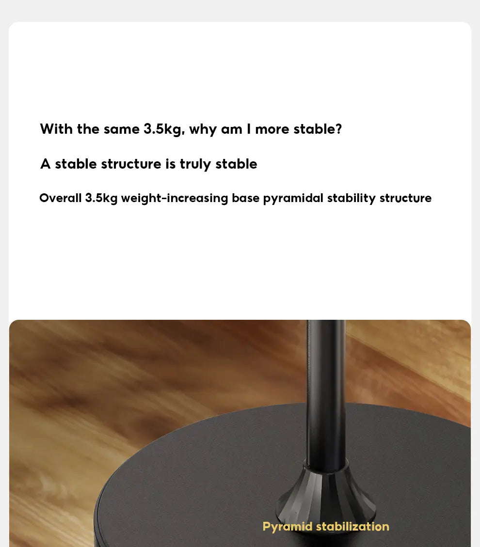 black pyramid-stabilized base of an aluminum alloy tablet and phone floor stand with a sleek weighted design for enhanced stability