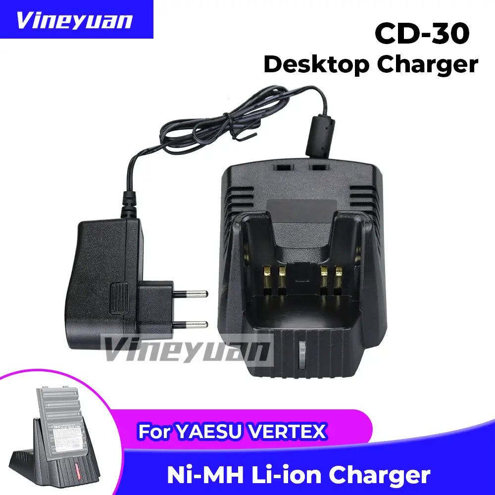 black plastic battery charger with coiled power cord and two gold-colored contacts for ni-mh li-ion batteries designed for vertex standard radios