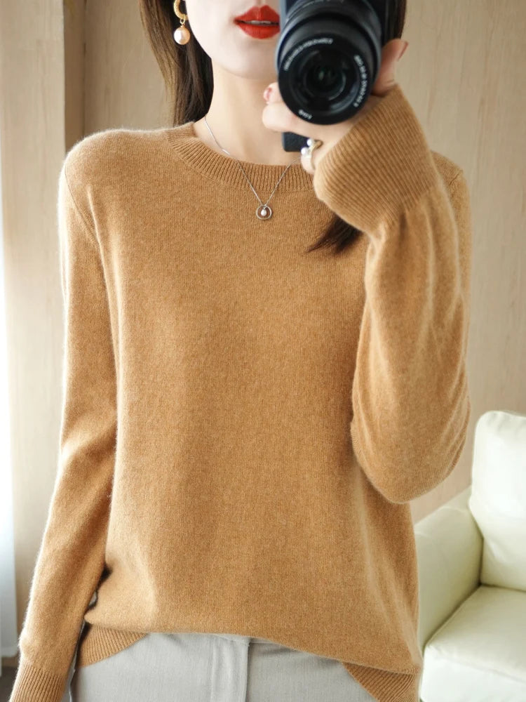 Autumn Winter Women Wool Sweater O-neck Long Sleeve Pullover Basic Casual Loose Style Famale Clothing Merino Wool Knitwear Tops