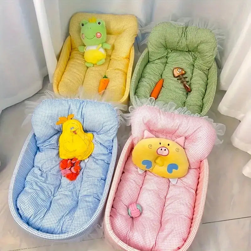 Four colorful checkered baby bouncers with plush animal-themed cushions in yellow green blue and pink featuring a pink checkered cat sofa bed with ruffled lace.