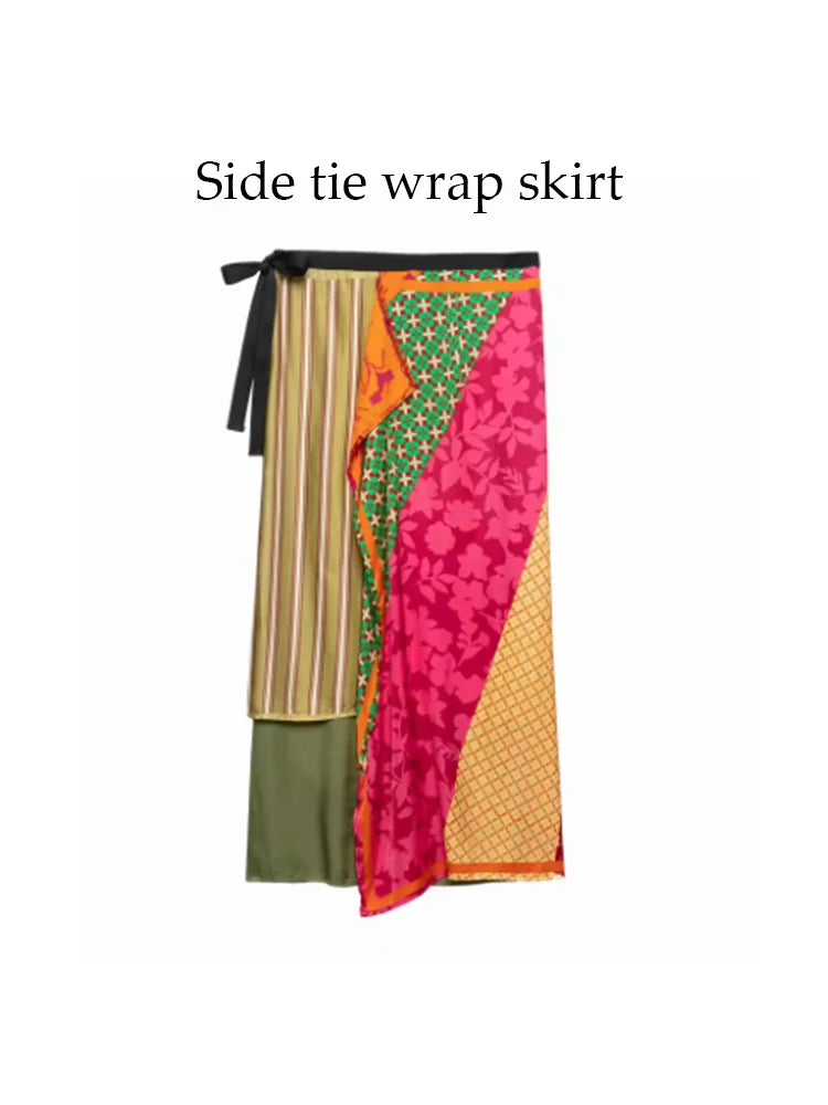 Women Flower Stripe Printed Midi Skirts Two Piece Sets For Women 2026 Summer Chic Tied Blouse Top Suits Woman 2 Piece Outfits