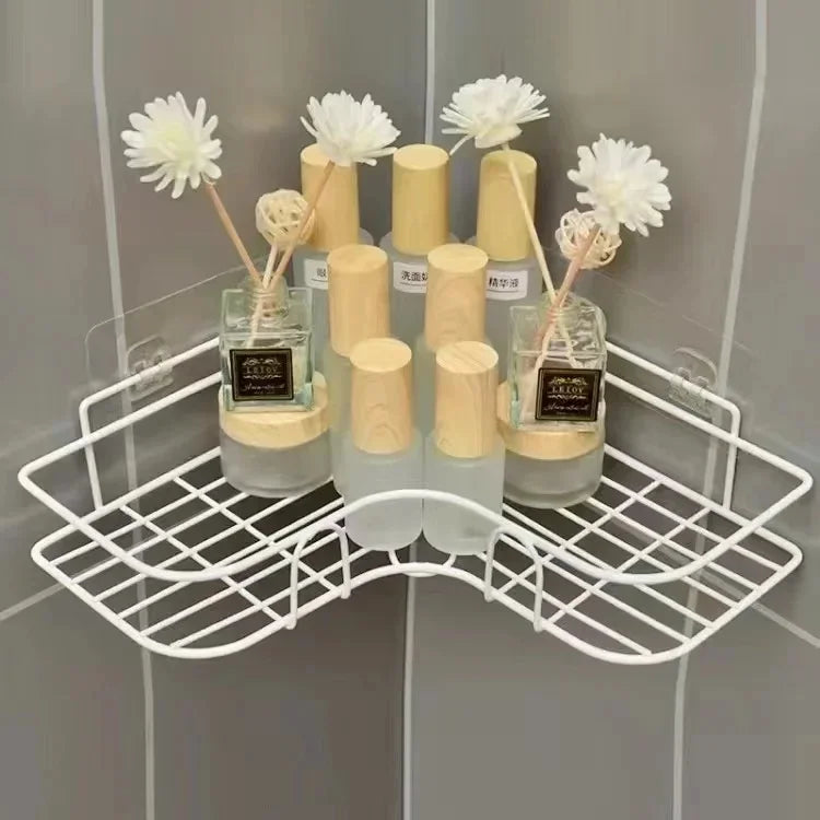 Bathroom Kitchen Punch Corner Frame Shower Shelf Wrought Iron Shampoo Storage Rack Holder with Suction Cup Bathroom Accessories