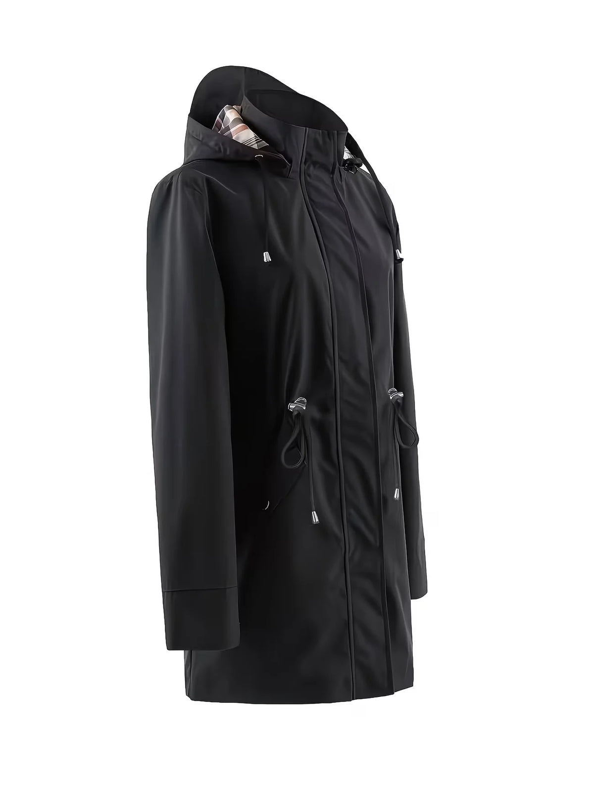 Women's mid-length hooded zipper trench jacket, featuring a full-zip front placket and adjustable hood pocket