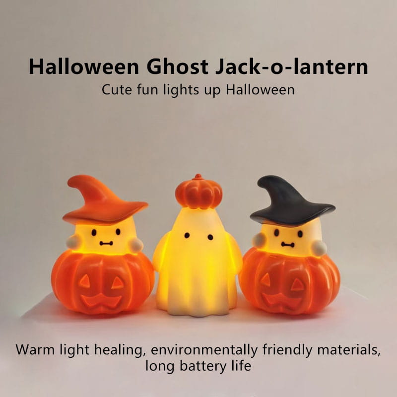 three cute halloween-themed led jack-o-lantern figurines with orange and yellow glowing plastic bodies wearing witch hats and carved faces used as halloween pumpkin ghost night light ornaments
