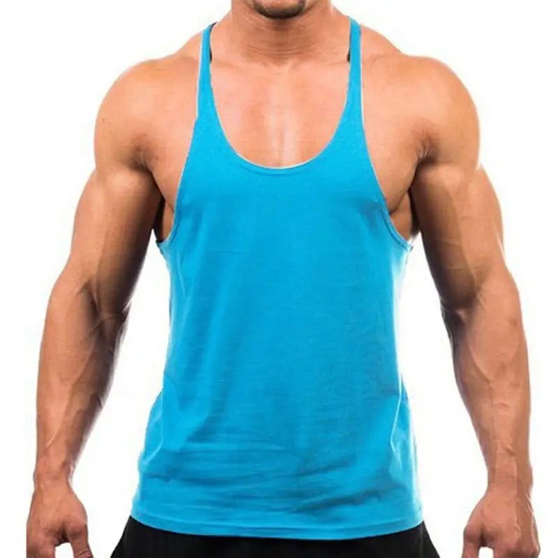 Camiseta sin mangas de algodón para gimnasio de hombre de tipo muscle azul brillante, con tirantes finos y escote redondo para uso atlético.