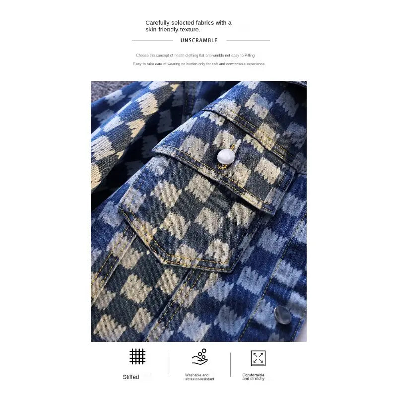 Oversized checkerboard denim jacket for men in blue and beige with a white button, suitable for streetwear.