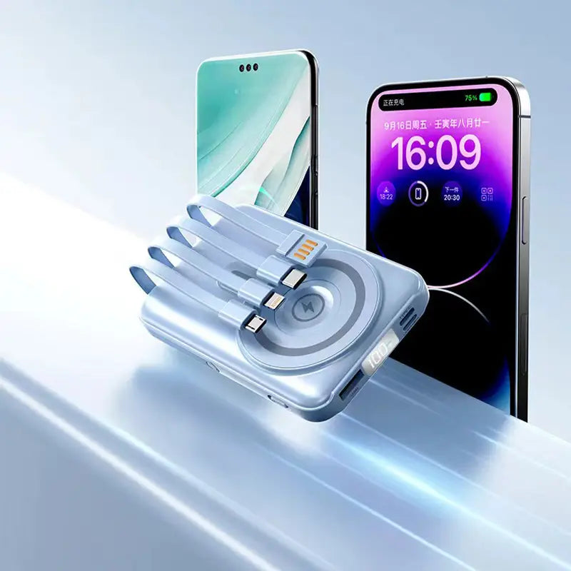 Heller blauer kabelloser Magnet-Akkupack mit 10000 mAh Schnellladefunktion, mit mehreren Ladekabeln, die ordentlich auf seiner Oberfläche angeordnet sind.