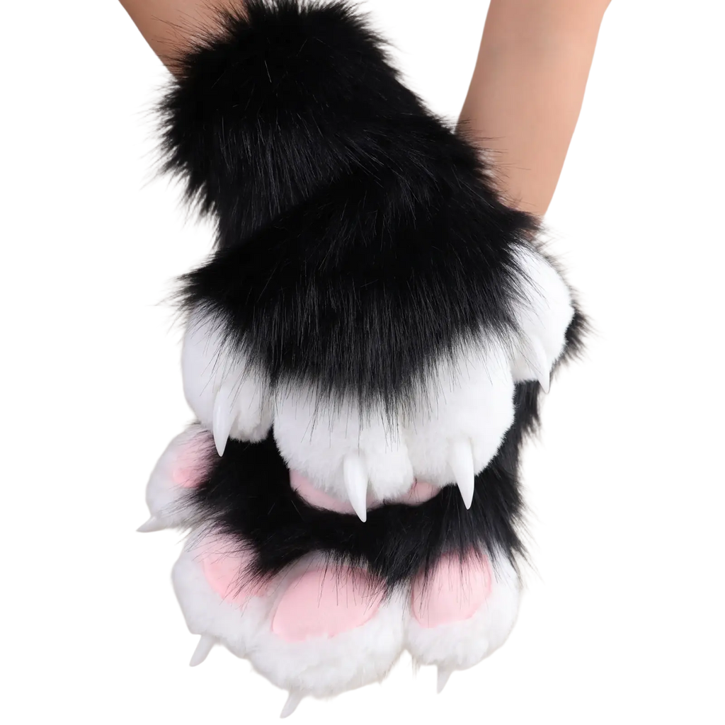 Faux fur black and white cat claw gloves with pink pads and sharp white claws for comfortable fit cosplay use