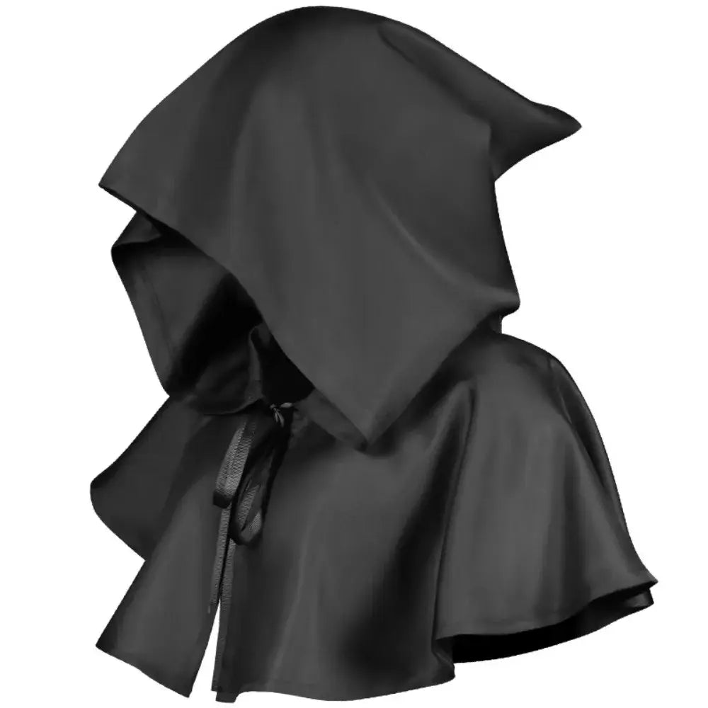 Schwarzes Satin-Kapuzen-Mittelalter-Todesschleier-Kostüm mit gebundenem Band am Hals