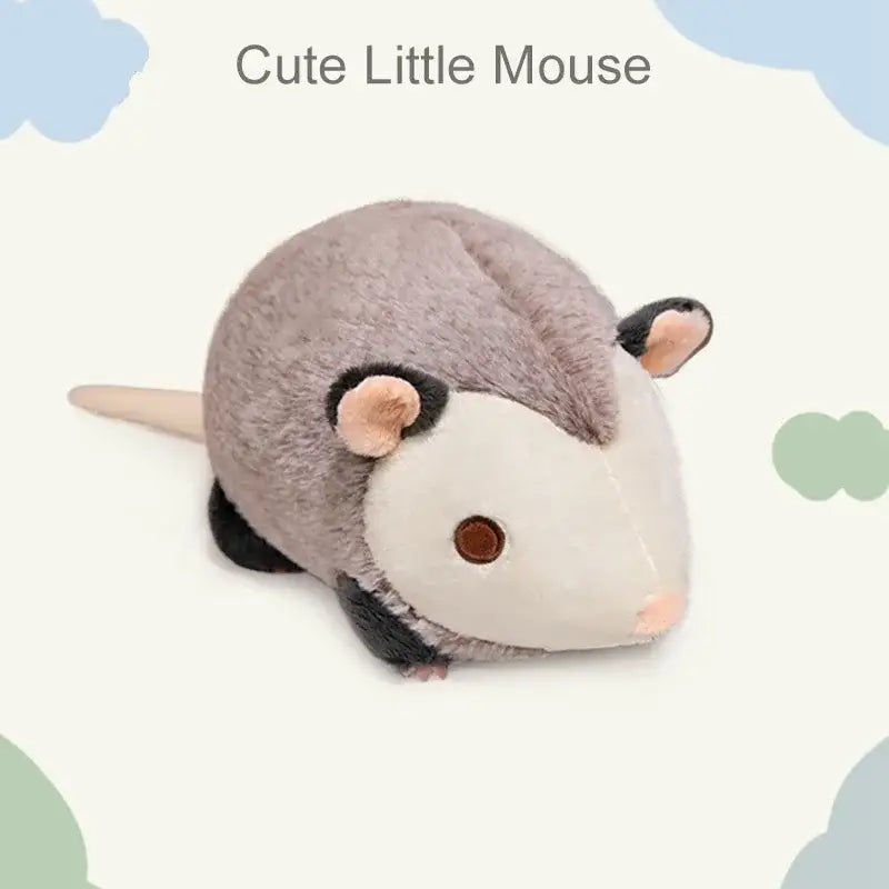 a 30cm soft plush opossum stuffed animal in gray and white with pink inner ears and a brown button eye made of plush material