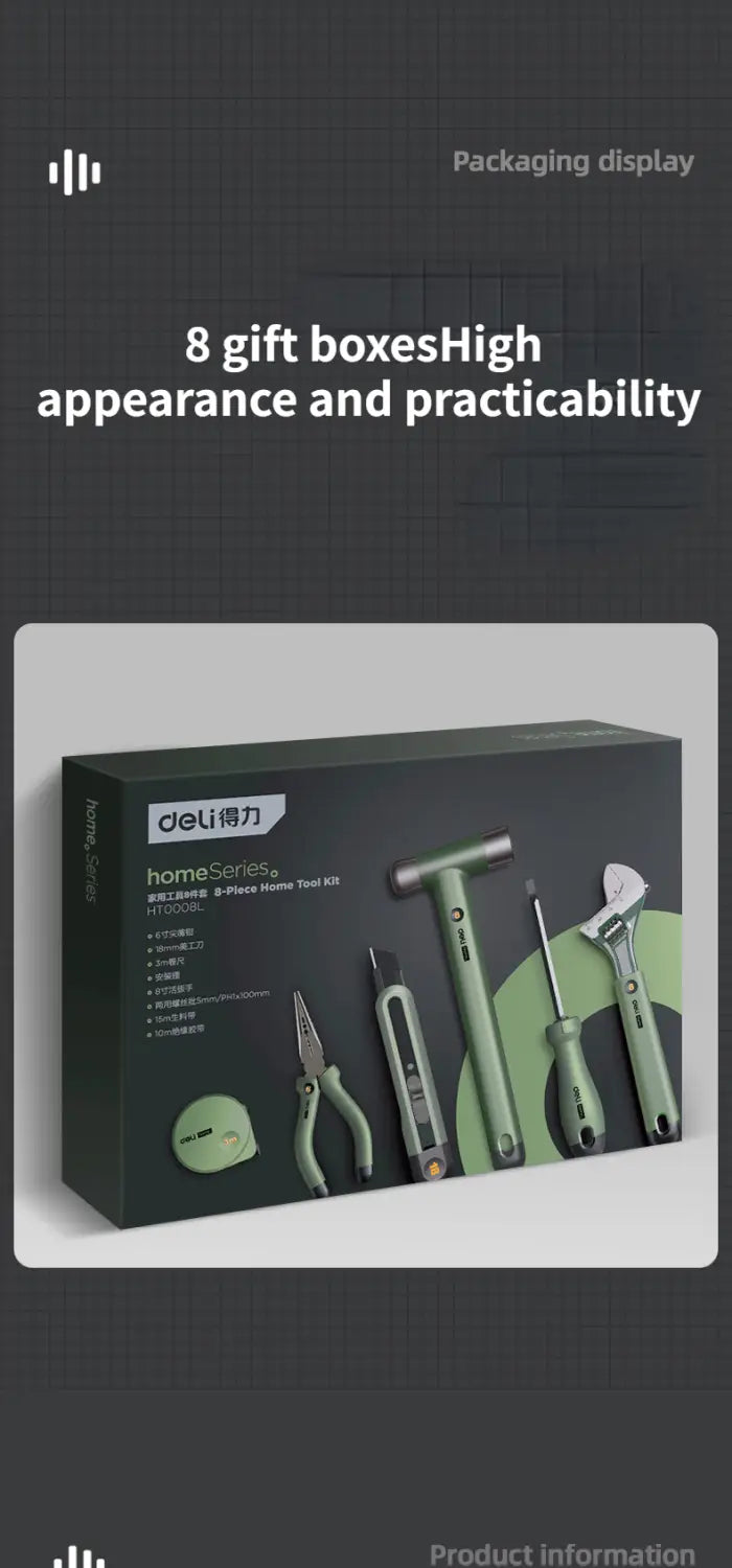 dark green rectangular Deli multitool hand repair tool kit featuring a set of eight tools including pliers screwdrivers and wrenches arranged on the front surface