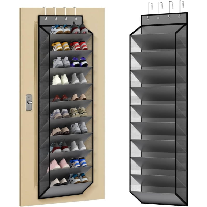 Organisateur de chaussures à mailles grises avec cadre noir et crochets de suspension pour un rangement au-dessus de la porte, organisateur de chaussures au-dessus de la porte à 10 niveaux.