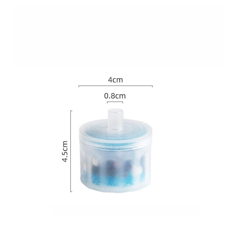 Transparent plastic cylindrical cat water fountain filter with a matching lid and central tube featuring blue-tinted internal compartments for drinking water filtration replacement pack.